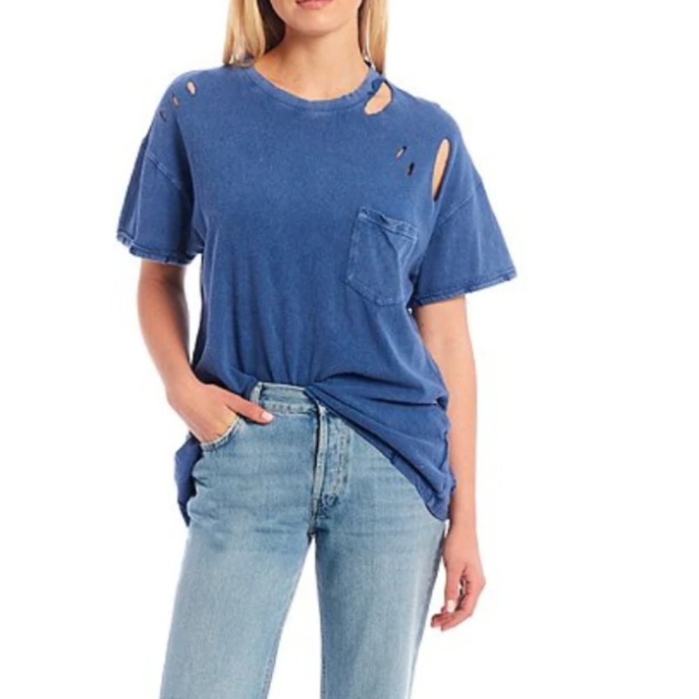 Free People Rubi Tee Oversized Distressed Belle Blue Size Small NWT